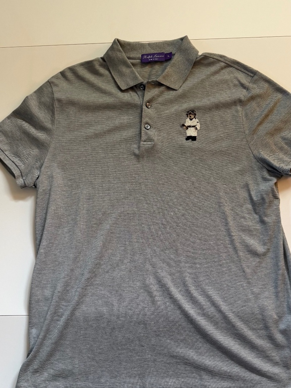 Ralph Lauren Purple Label Polo Bear Gray Pique Polo Shirt Made Italy XL